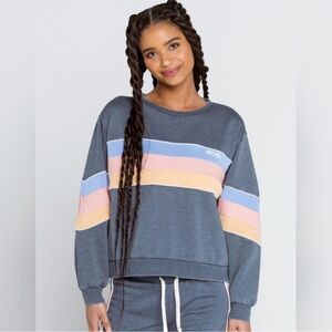 Rip Curl Gray Crewneck Sweatshirt with Pastel Blue, Pink & Peach Stripes